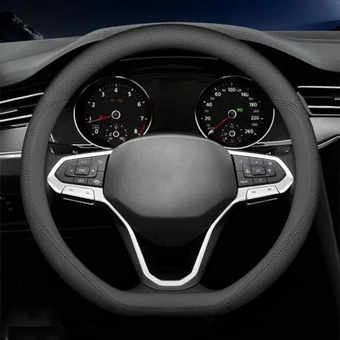 Carodi Latest Nappa Leather car Steering Wheel Cover, Stylish Non-Slip Leather car Interior 15 inches Universal (D-Shape,Black) by Carodi - Image 1