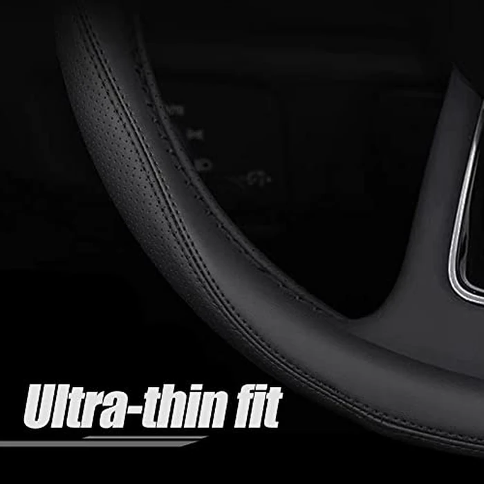 Carodi Latest Nappa Leather car Steering Wheel Cover, Stylish Non-Slip Leather car Interior 15 inches Universal (D-Shape,Black) by Carodi - Image 2