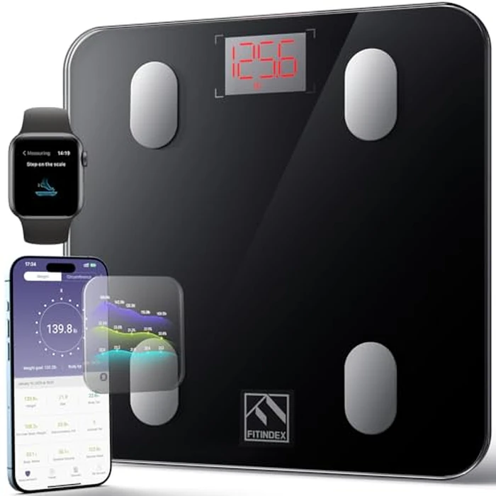 FITINDEX Smart Scale for Body Weight, Scale with BMI, Body Fat, Muscle Mass, Digital, Bathroom, Weighing, Bluetooth, Body Composition Monitor Health Analyzer with App, 400lb, Black by FITINDEX - Used - Like New condition - US$19.94