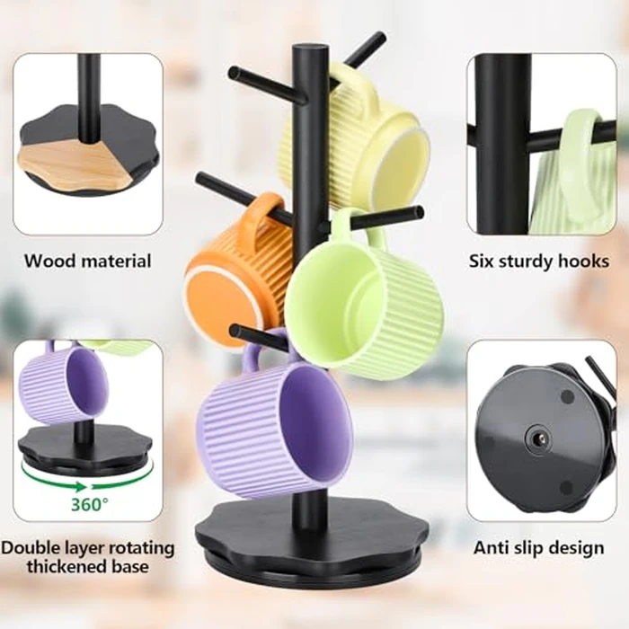 Ceecysaa Mug Holder Tree,360 degrees Rotated Coffee Cup Holder with 6 Hooks for Counter, Wood Coffee Mugs Rack Standing Coffee Cups Organizer for Kitchen Home Coffee Bar Accessories by Ceecysaa - Image 3