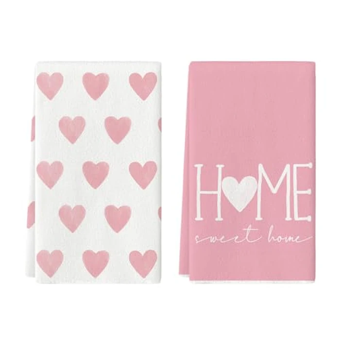 Artoid Mode Pink Heart Love Home Sweet Home Mother's Day Kitchen Towels Dish Towels, 18x26 Inch Anniversary Wedding Decoration Hand Towels Set of 2 by Artoid Mode - Image 1