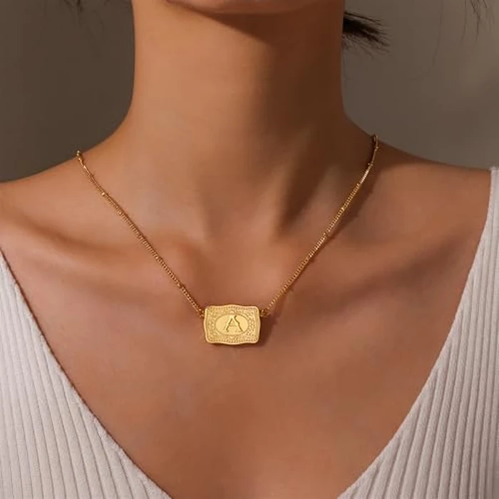 ROJHOL Gold Silver Initial Necklace for Women, 18K Gold Plated Mini Belt Buckle Initial Necklace, Letter A-Z Pendant Charm Necklace Unique Western Jewelry Gifts for Women Men (J, Gold) by ROJHOL - Image 2