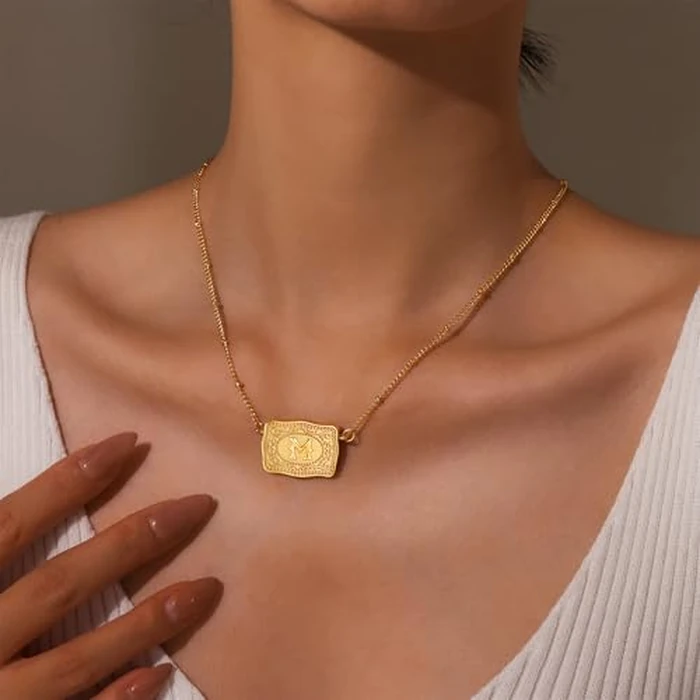 ROJHOL Gold Silver Initial Necklace for Women, 18K Gold Plated Mini Belt Buckle Initial Necklace, Letter A-Z Pendant Charm Necklace Unique Western Jewelry Gifts for Women Men (J, Gold) by ROJHOL - Image 3