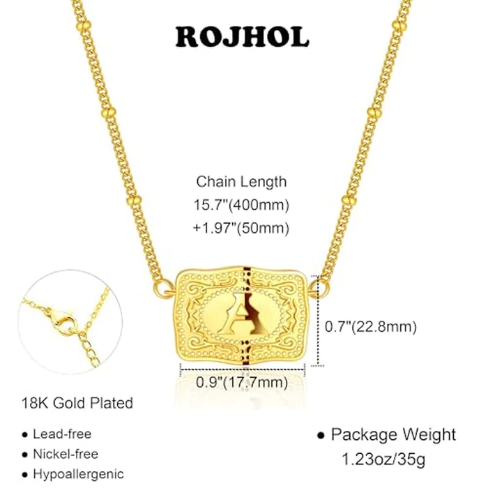 ROJHOL Gold Silver Initial Necklace for Women, 18K Gold Plated Mini Belt Buckle Initial Necklace, Letter A-Z Pendant Charm Necklace Unique Western Jewelry Gifts for Women Men (J, Gold) by ROJHOL - Image 5