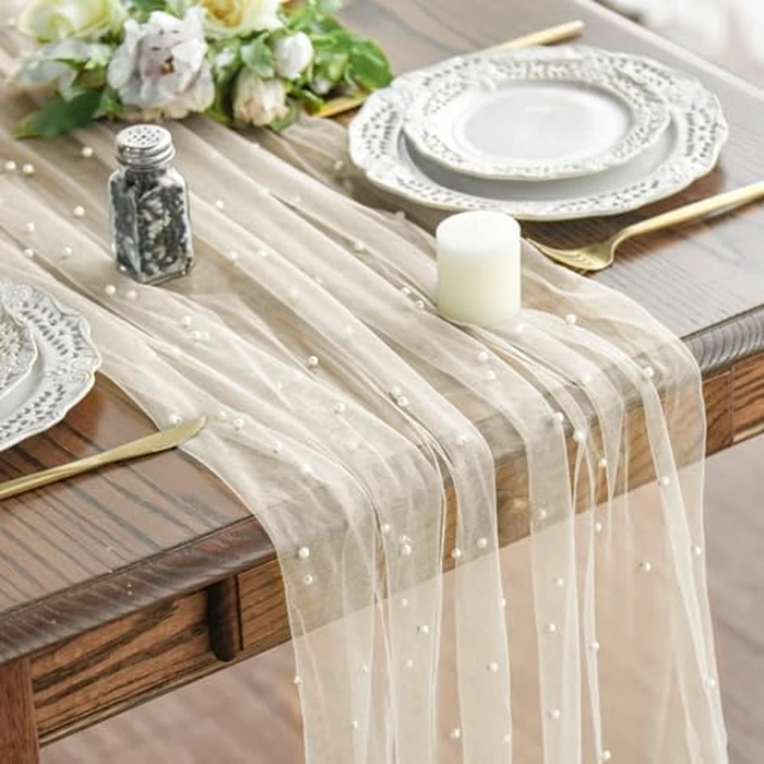 Artoid Mode 6PCS Pearl Beige Gauze Table Runner 120 Inch 10FT, Seasonal Sheer Chiffon Cheesecloth Dining Holiday Birthday Table Decor for Home Party by Artoid Mode - Used - Very Good condition - CA$34.05