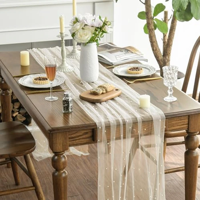 Artoid Mode 6PCS Pearl Beige Gauze Table Runner 120 Inch 10FT, Seasonal Sheer Chiffon Cheesecloth Dining Holiday Birthday Table Decor for Home Party by Artoid Mode - Image 3