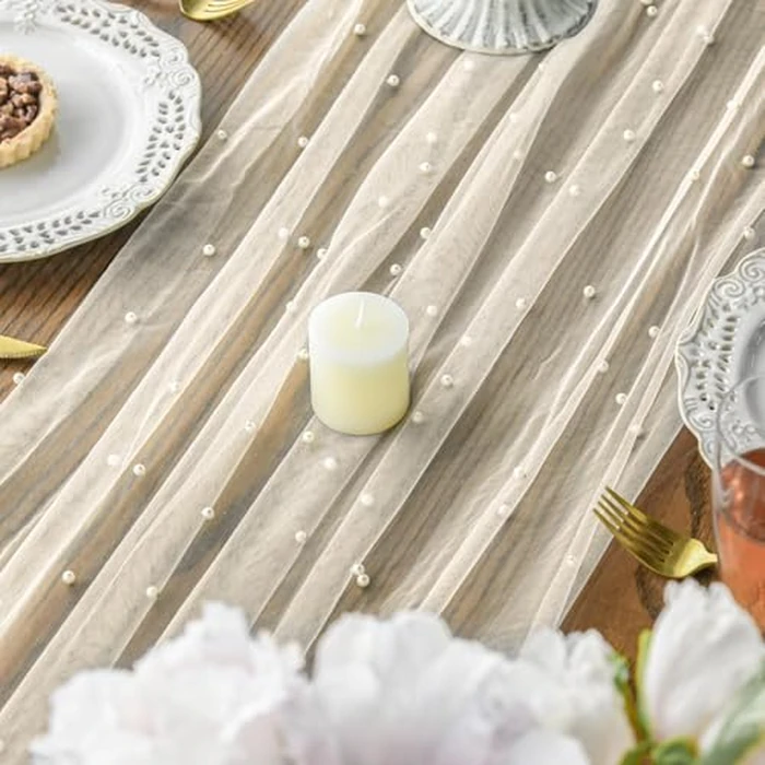Artoid Mode 6PCS Pearl Beige Gauze Table Runner 120 Inch 10FT, Seasonal Sheer Chiffon Cheesecloth Dining Holiday Birthday Table Decor for Home Party by Artoid Mode - Image 6
