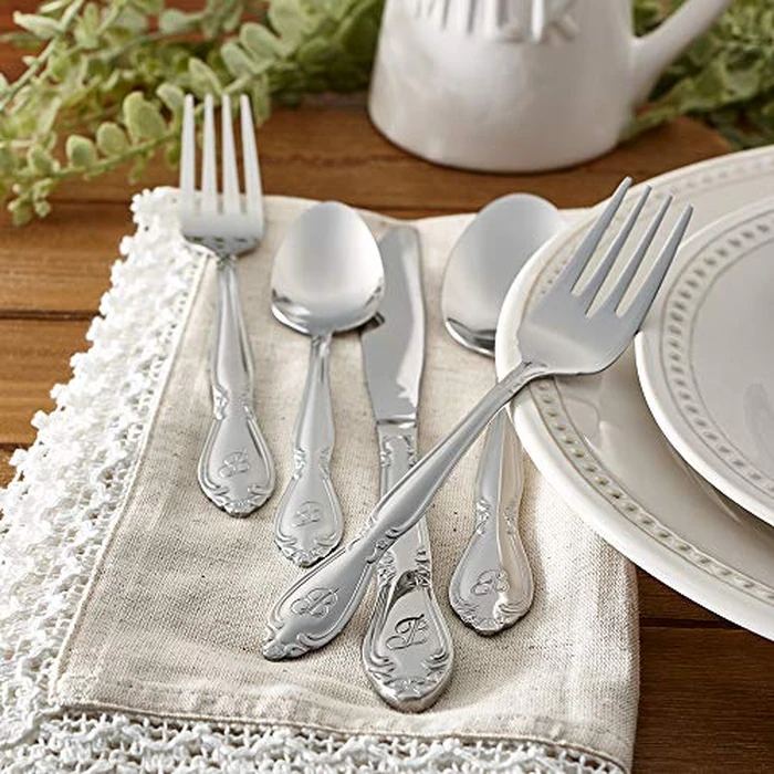 RiverRidge Rose Monogrammed Flatware Set 46 Piece Silverware - O - Utensils Set with Serving Pieces, Heavy Gauge Stainless Steel, Mirror Finish, Dishwasher Safe Cutlery for Daily Use by RiverRidge - Image 2