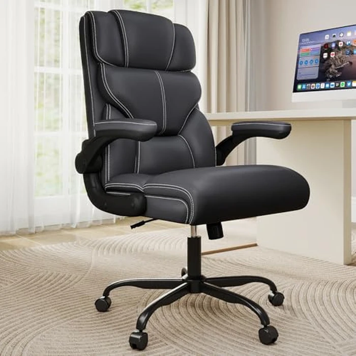 Executive Office Chair with Flip-up Armrests,Ergonomic Computer Desk Chairs,Mid-Tall Back Leather Office Chair 400 Lbs,Lumbar Support Swivel PC Chair with Rocking Function by Box DesignLab - Used - Acceptable condition - CA$110.49