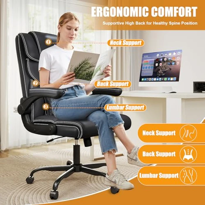 Executive Office Chair with Flip-up Armrests,Ergonomic Computer Desk Chairs,Mid-Tall Back Leather Office Chair 400 Lbs,Lumbar Support Swivel PC Chair with Rocking Function by Box DesignLab - Image 4