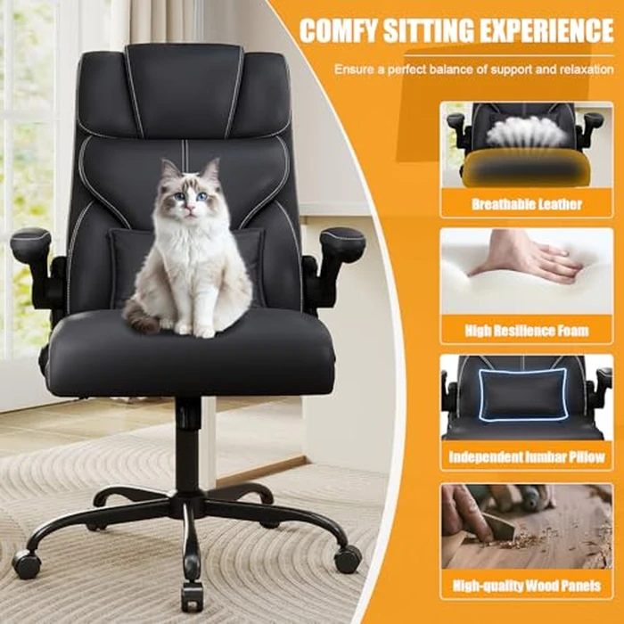Executive Office Chair with Flip-up Armrests,Ergonomic Computer Desk Chairs,Mid-Tall Back Leather Office Chair 400 Lbs,Lumbar Support Swivel PC Chair with Rocking Function by Box DesignLab - Image 5