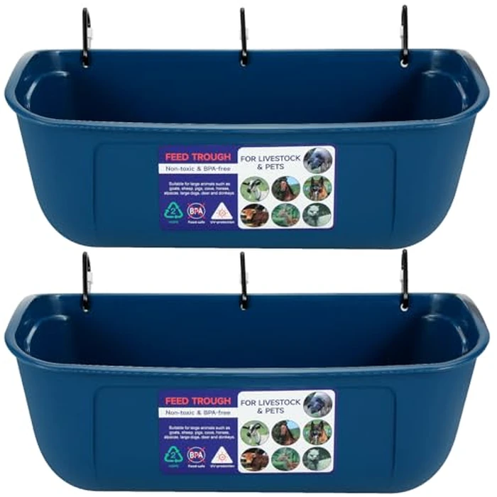 Goovilla Large Feed Trough, Hanging or Screw-in Fence Feeder with Clips, 2 Pack 9 Quart Goat Feeding Supplies, Dog Horse Hog Pig Livestock Poultry Plastic Feeder Trough Bucket for Large Animal, Blue by Goovilla - Image 1