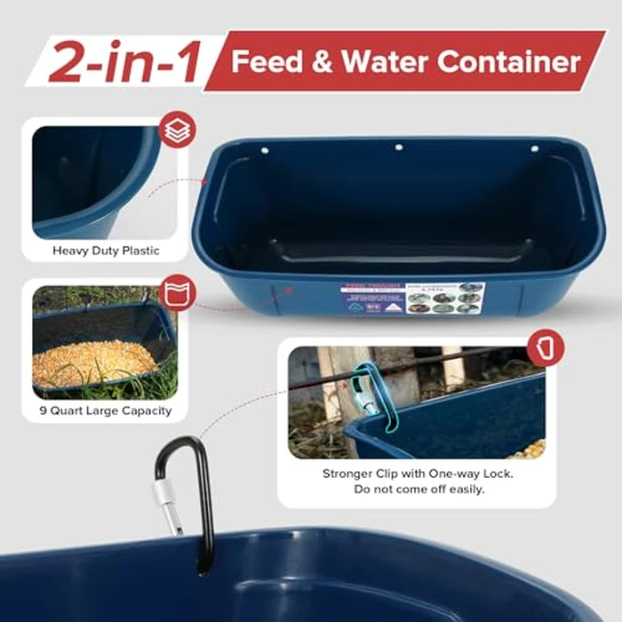 Goovilla Large Feed Trough, Hanging or Screw-in Fence Feeder with Clips, 2 Pack 9 Quart Goat Feeding Supplies, Dog Horse Hog Pig Livestock Poultry Plastic Feeder Trough Bucket for Large Animal, Blue by Goovilla - Image 2