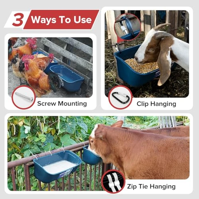 Goovilla Large Feed Trough, Hanging or Screw-in Fence Feeder with Clips, 2 Pack 9 Quart Goat Feeding Supplies, Dog Horse Hog Pig Livestock Poultry Plastic Feeder Trough Bucket for Large Animal, Blue by Goovilla - Image 3