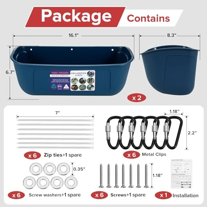 Goovilla Large Feed Trough, Hanging or Screw-in Fence Feeder with Clips, 2 Pack 9 Quart Goat Feeding Supplies, Dog Horse Hog Pig Livestock Poultry Plastic Feeder Trough Bucket for Large Animal, Blue by Goovilla - Image 4