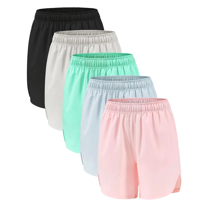 ATTIQOZI 5 Pack Girls Athletic Shorts,Girls Basketball Shorts,Kids Workout Soccer Short for Girl with Drawstring & Pockets Black/Gray/Blue/Pink/Green L by ATTIQOZI - Used - Like New condition