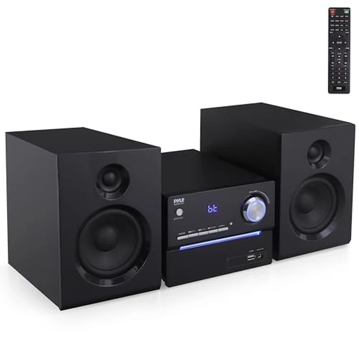 Pyle CD/DVD P.M.P.O Stereo System, 3-pc Wireless BT Streaming 6 Ohm Two-Way Wooden Speaker Box and Subwoofer, Digital Amplifier IC with MP3, USB, FM Radio, Bass Reflex Speaker by Pyle - Used - Like New condition - US$98.94
