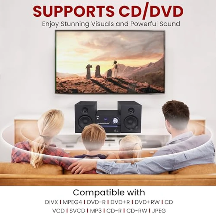 Pyle CD/DVD P.M.P.O Stereo System, 3-pc Wireless BT Streaming 6 Ohm Two-Way Wooden Speaker Box and Subwoofer, Digital Amplifier IC with MP3, USB, FM Radio, Bass Reflex Speaker by Pyle - Image 4