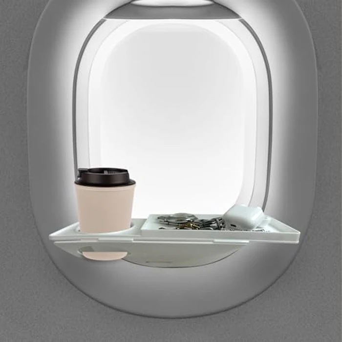 Airplane Window Organizer, Plane Window Drink Gadget Cup Holder, Long Flight Essentials Accessories, Airline Seat Organization Station for Phone and Gadgets [U.S Patent Pending] (White) by FresherAcc - Used - Like New condition