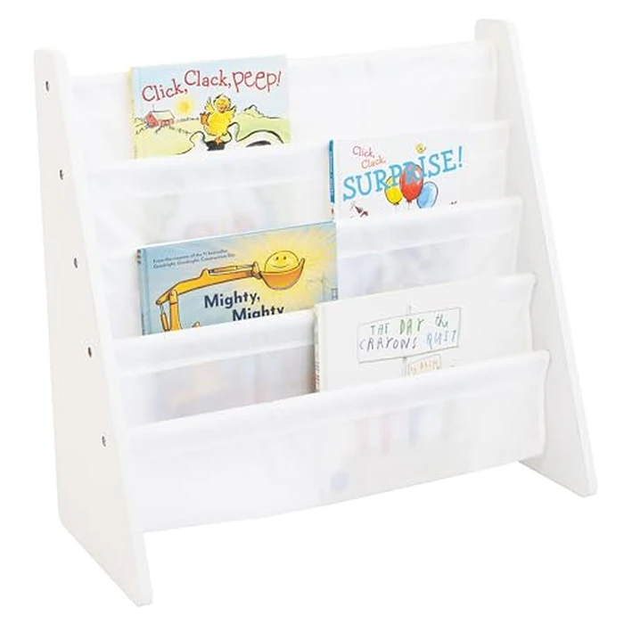 Humble Crew 4-Tier Kids Bookshelf, White Wood/White - Premium Book Shelf for Kids Rooms with Four Deep Pockets - Toddler Sling Book Rack with Deep Sleeves, Nursery Bookcase Organizer by Humble Crew - Used - Acceptable condition - CA$29.45