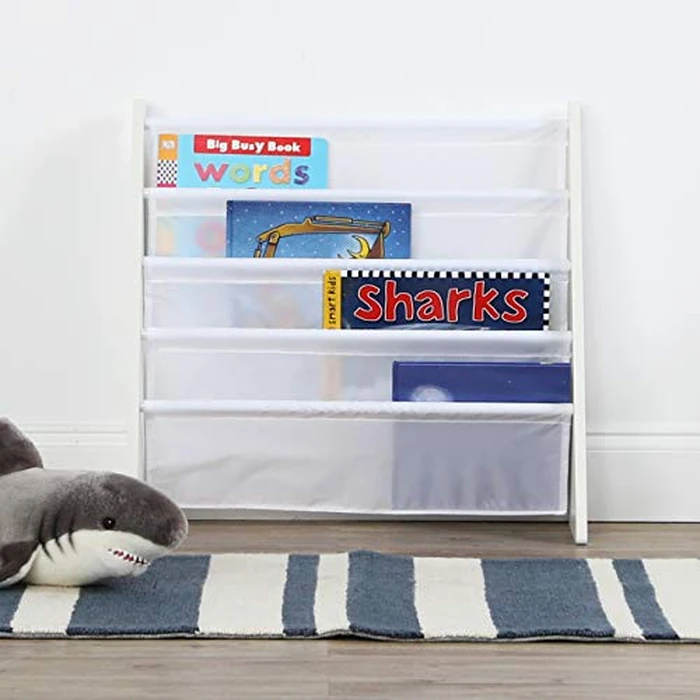 Humble Crew 4-Tier Kids Bookshelf, White Wood/White - Premium Book Shelf for Kids Rooms with Four Deep Pockets - Toddler Sling Book Rack with Deep Sleeves, Nursery Bookcase Organizer by Humble Crew - Image 2