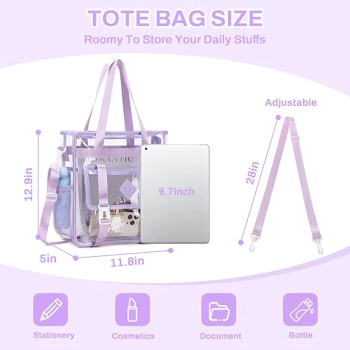 MUSEVOS Clear Tote Bag Clear Bag for Stadium Events, Thickened Water Resistant Heavy Duty PVC, 12x6x12 Stadium Approved for Work, Sports Games,Concert, Purple by MUSEVOS - Image 5