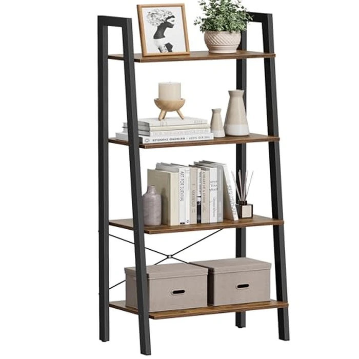 VASAGLE Ladder Shelf, 4-Tier Bookshelf, Storage Rack, Bookcase with Steel Frame, for Living Room, Home Office, Kitchen, Bedroom, Industrial Style, Rustic Brown and Matte Black ULLS44X by VASAGLE - Used - Acceptable condition - CA$45.49