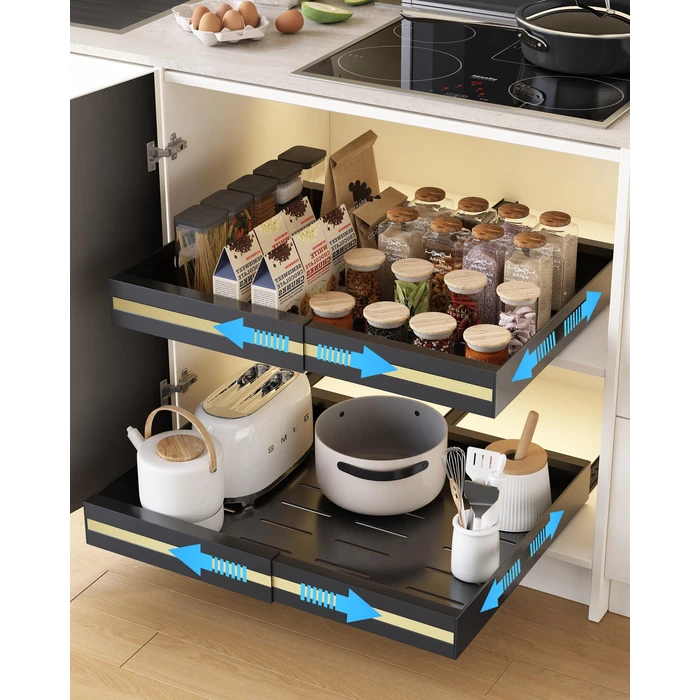 UMDONX 2 Pack Expandable Pull out Cabinet Storage Organizer Kitchen Cupboard Drawers, No Drill Adhesive Pantry Shelf Peel and Stick Sliding Rack(Durable Metal Black Load 65LBS) by UMDONX - Image 1