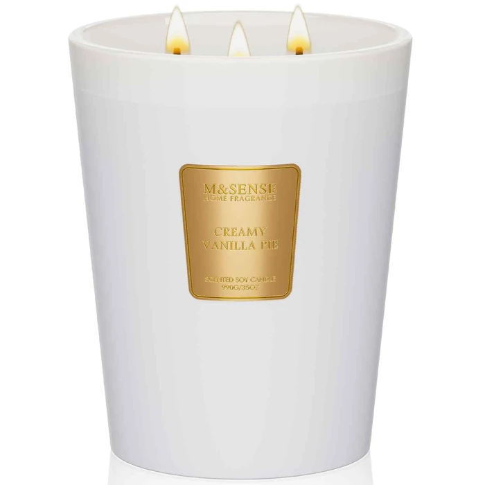 M&SENSE Creamy Vanilla Soy Large Candles, 3-Wick 35oz 150H Long Lasting, Aromatherapy Candle for Bedroom Stress Relief New Year Home Refresh by M&SENSE - Used - Like New condition - US$31.34