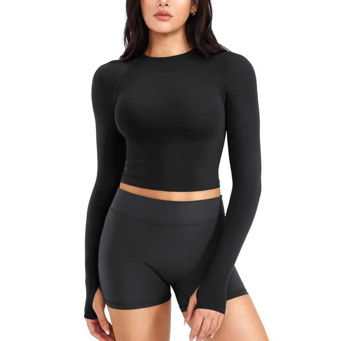 YEOREO Women Slim Fitted Long Sleeve Workout Tops Casual Stretchy Thin Going Out Gym Shirts Black S by YEOREO - Used - Like New condition