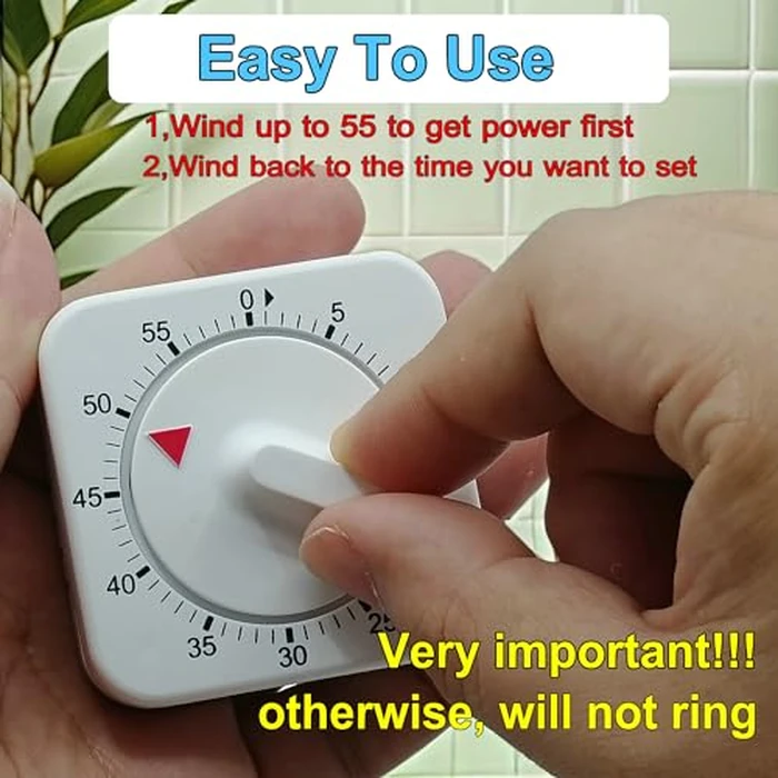 Square 60 Minute Mechanical Kitchen Timer - Visual Kitchen Cooking Timer Clock with Loud Alarm - No Batteries Required-Manual Countdown Timer for Classroom, Home, Study and Cooking (White) by NUOSWEK - Image 3