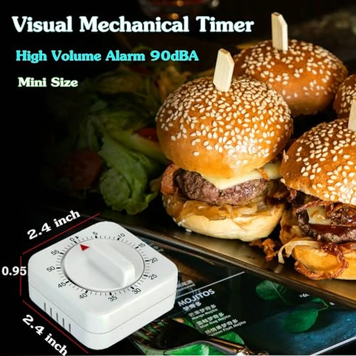 Square 60 Minute Mechanical Kitchen Timer - Visual Kitchen Cooking Timer Clock with Loud Alarm - No Batteries Required-Manual Countdown Timer for Classroom, Home, Study and Cooking (White) by NUOSWEK - Image 4