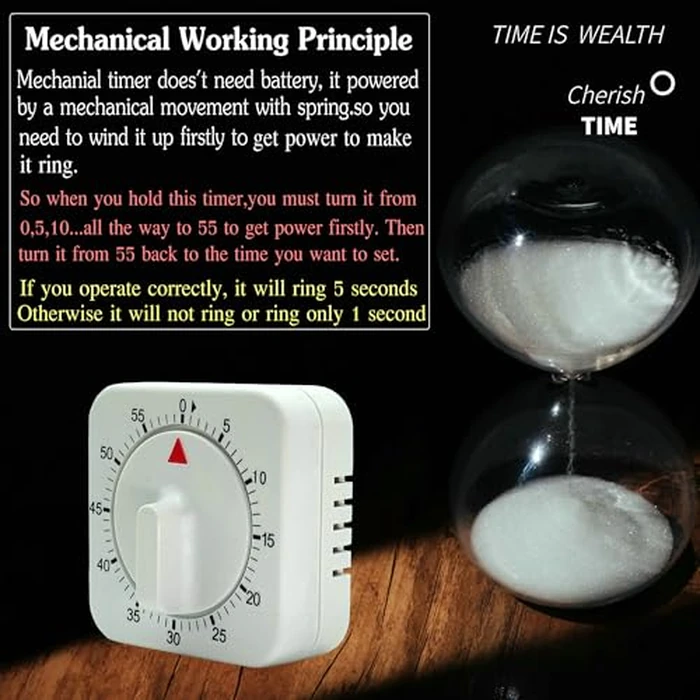 Square 60 Minute Mechanical Kitchen Timer - Visual Kitchen Cooking Timer Clock with Loud Alarm - No Batteries Required-Manual Countdown Timer for Classroom, Home, Study and Cooking (White) by NUOSWEK - Image 6