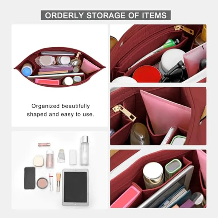 LOUKAYCCI Purse Organizer Insert for Longchamp Le Pliage M Handbag Insert Felt Long Champ Tote Bag Organizer Insert with Cup (BurGundy, Medium) by LOUKAYCCI - Image 5