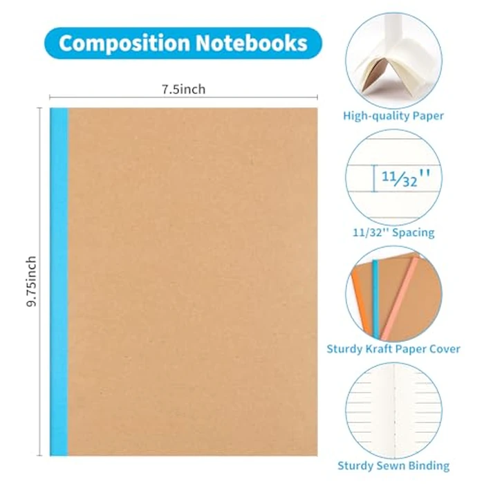 48 Pack Lined Notebook Journals Bulk, 7-1/2" x 9-3/4", Wide Ruled Paper, 30 Sheets/60 Pages, Kraft Cover with Rainbow Spines, 12 Colors Lined Composition Notebook Journal for Work Study Note Taking by ALKALO - Image 2