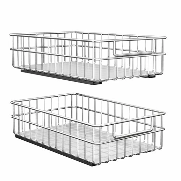 Pull out Cabinet Organizer, Stainless Steel 2-Pack Slide out Drawer with Silent Full-Extension Slides, Adhesive Roll out Can Spice Storage Basket Shelf Rack for Pantry, Kitchen, Bathroom, Home Closet by Kitstorack - Used - Like New condition - US$72.42