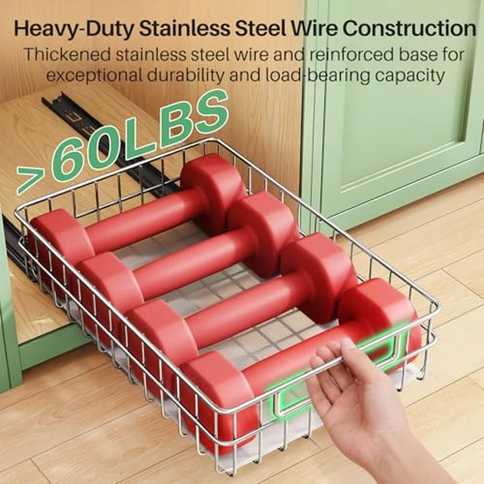 Pull out Cabinet Organizer, Stainless Steel 2-Pack Slide out Drawer with Silent Full-Extension Slides, Adhesive Roll out Can Spice Storage Basket Shelf Rack for Pantry, Kitchen, Bathroom, Home Closet by Kitstorack - Image 4