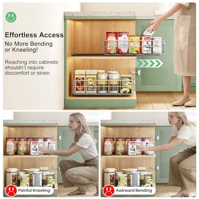 Pull out Cabinet Organizer, Stainless Steel 2-Pack Slide out Drawer with Silent Full-Extension Slides, Adhesive Roll out Can Spice Storage Basket Shelf Rack for Pantry, Kitchen, Bathroom, Home Closet by Kitstorack - Image 8