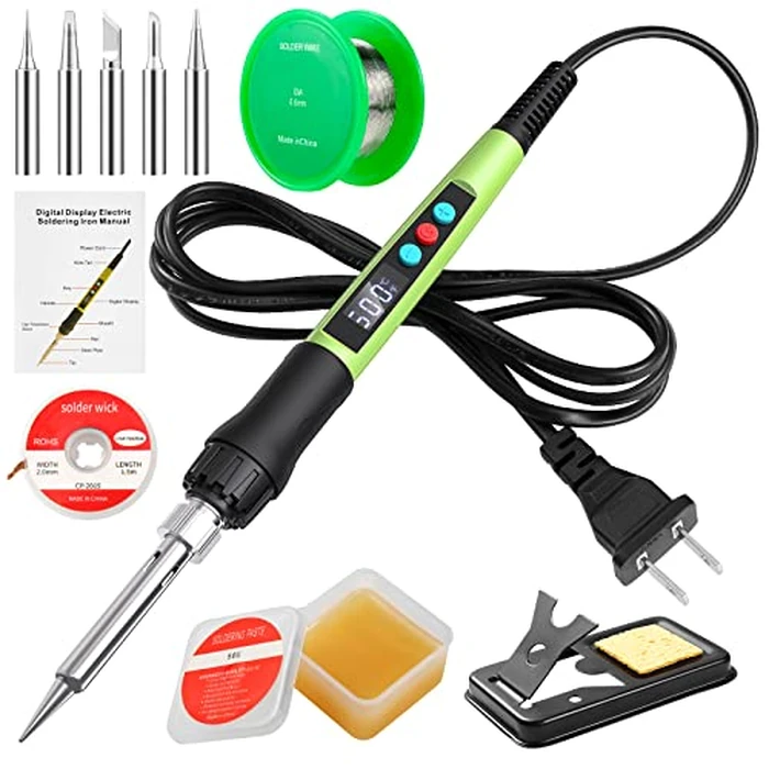 Soldering Iron Kit, 100W LED Digital Solder Gun kits with Ceramic Heater, Adjustable Temperature Welding Tools with Tips, Wick Braid, Stand, Solders Wire, Sponge, Flux Paste by Q-MING - Used - Like New condition