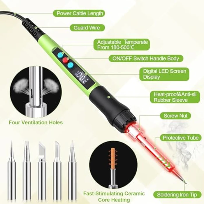 Soldering Iron Kit, 100W LED Digital Solder Gun kits with Ceramic Heater, Adjustable Temperature Welding Tools with Tips, Wick Braid, Stand, Solders Wire, Sponge, Flux Paste by Q-MING - Image 2