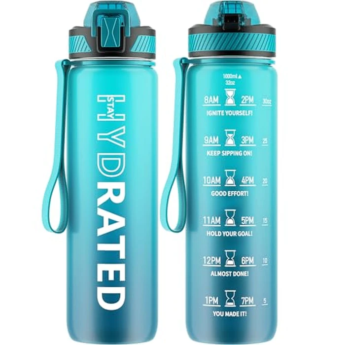 QLUR Water Bottle with Straw, 32oz Motivational Water Bottles with Time Marker to Drink, Tritan BPA Free, 1L Sports Water Bottle with Carry Strap LeakProof for Women Gym Fitness Outdoor (1 Pack) by QLUR - Used - Very Good condition - US$10.11