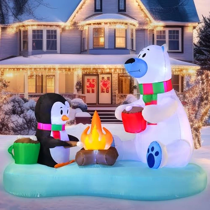 Joiedomi 6 FT Long Christmas Inflatable Polar Bear and Penguin with Campfire Decoration, Blow Up Yard Decoration Christmas Inflatable with Build-in LEDs Blow Up for Xmas Party, Lawn, Winter Décor by Joiedomi - Used - Like New condition - CA$38.94