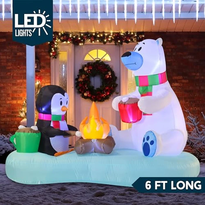 Joiedomi 6 FT Long Christmas Inflatable Polar Bear and Penguin with Campfire Decoration, Blow Up Yard Decoration Christmas Inflatable with Build-in LEDs Blow Up for Xmas Party, Lawn, Winter Décor by Joiedomi - Image 2