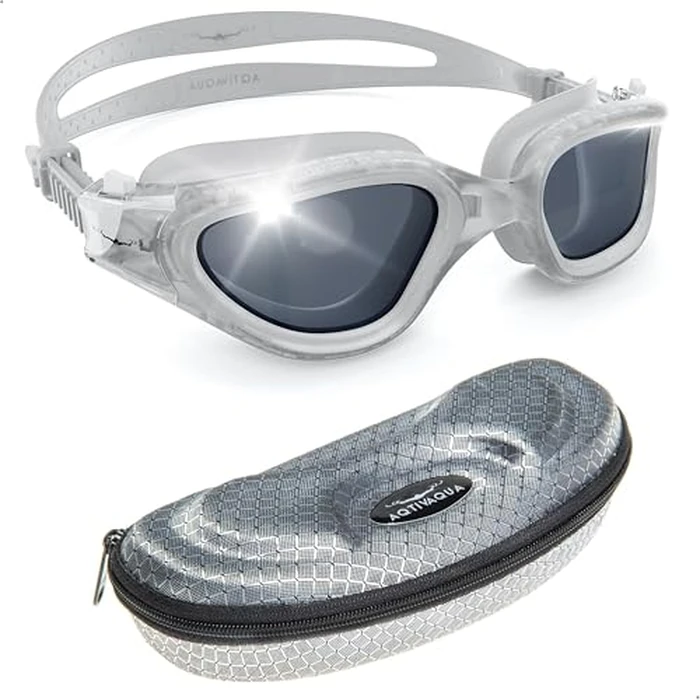 AqtivAqua Polarized Swim Goggles Swimming Goggles for Adult Men Women Kids 6-14 Youth Girls Boys Childrens DX-P (Transparent White, Silver case, Polarised lens) by AqtivAqua - Used - Like New condition - CA$26.70