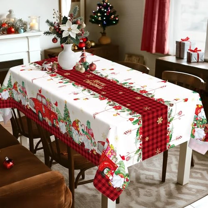 Arquiel Christmas Gnome Truck Tablecloth Waterproof, Red Checkered Table Cloth Rectangle, Washable Table Cover for Christmas Party Home Kitchen Decoration (60x120 Inch) by Arquiel - Image 2