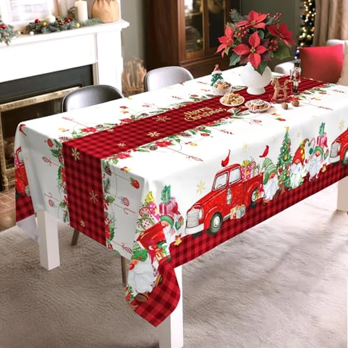 Arquiel Christmas Gnome Truck Tablecloth Waterproof, Red Checkered Table Cloth Rectangle, Washable Table Cover for Christmas Party Home Kitchen Decoration (60x120 Inch) by Arquiel - Image 3
