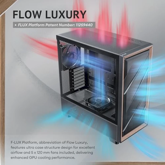 Antec Flux Wood, 5 x PWM Fans Included, High-Airflow Front Panel with Walnut Wood, Type-C, 420mm Radiator & Back Connect Motherboard Support, Up to 9 Fans Simultaneously, Mid-Tower E-ATX PC Case by Antec - Image 2