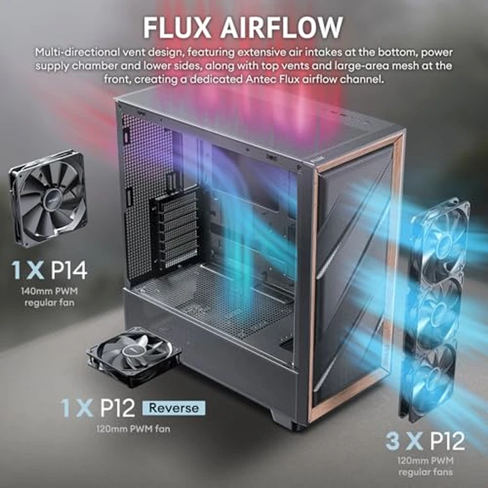 Antec Flux Wood, 5 x PWM Fans Included, High-Airflow Front Panel with Walnut Wood, Type-C, 420mm Radiator & Back Connect Motherboard Support, Up to 9 Fans Simultaneously, Mid-Tower E-ATX PC Case by Antec - Image 3