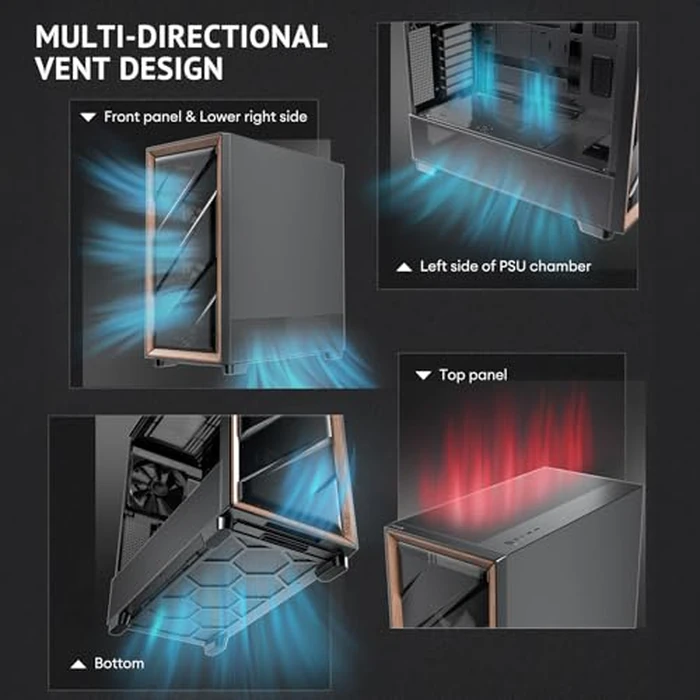 Antec Flux Wood, 5 x PWM Fans Included, High-Airflow Front Panel with Walnut Wood, Type-C, 420mm Radiator & Back Connect Motherboard Support, Up to 9 Fans Simultaneously, Mid-Tower E-ATX PC Case by Antec - Image 4