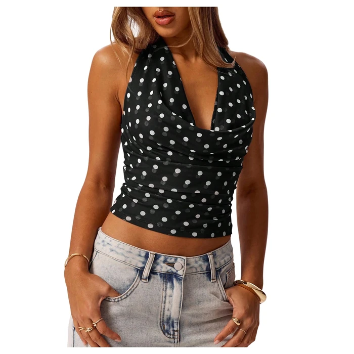 MakeMeChic Women's Polka Dots Halter Top Y2k Going Out Tops Backless Deep V Cowl Neck Tops Black XS by MakeMeChic - Image 1